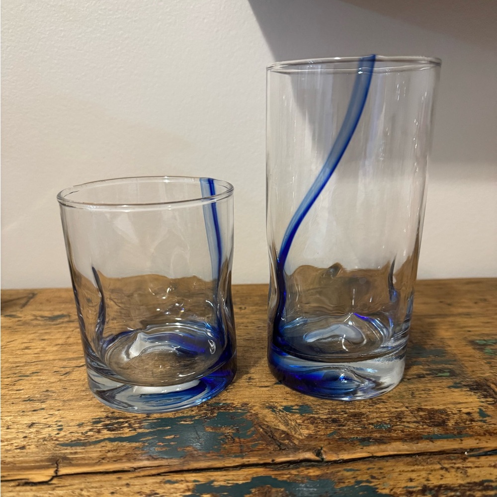 Set of Two Clear Drinking Glasses with Blue Swirl